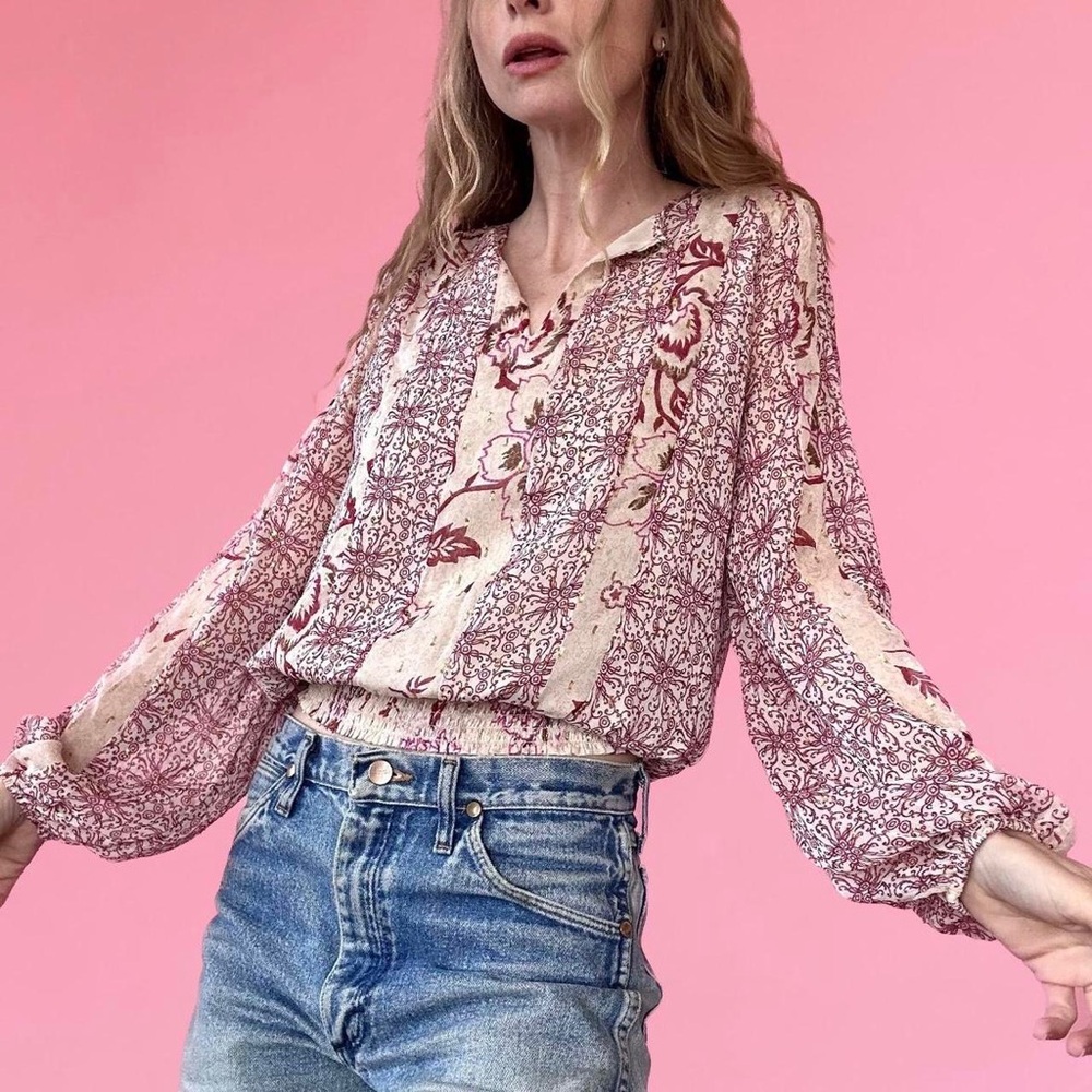 Floral Print Boho Women's Top - Cream and Pink